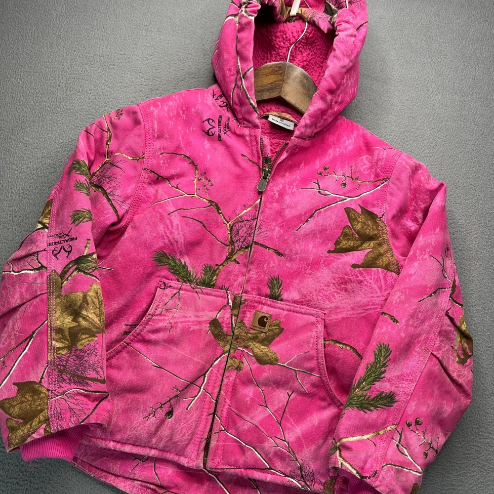 Carhartt Sherpa Lined Hooded Canvas Jacket Girls XS 6 Pink Realtree Camo Coat